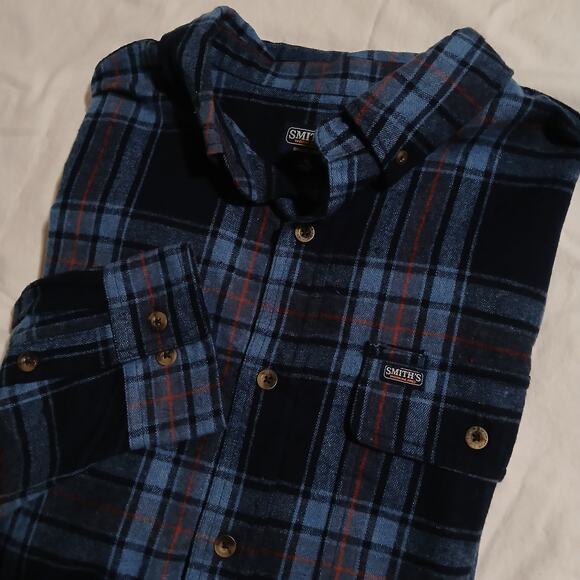 SMITH'S Work Wear Men's XL Deep Blue/Grey Plaid Flannel Easy Care Long-Sleeved - Picture 1 of 11